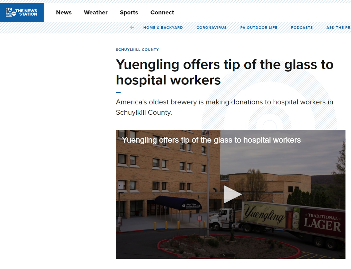 Yuengling offers tip of the glass to hospital workers