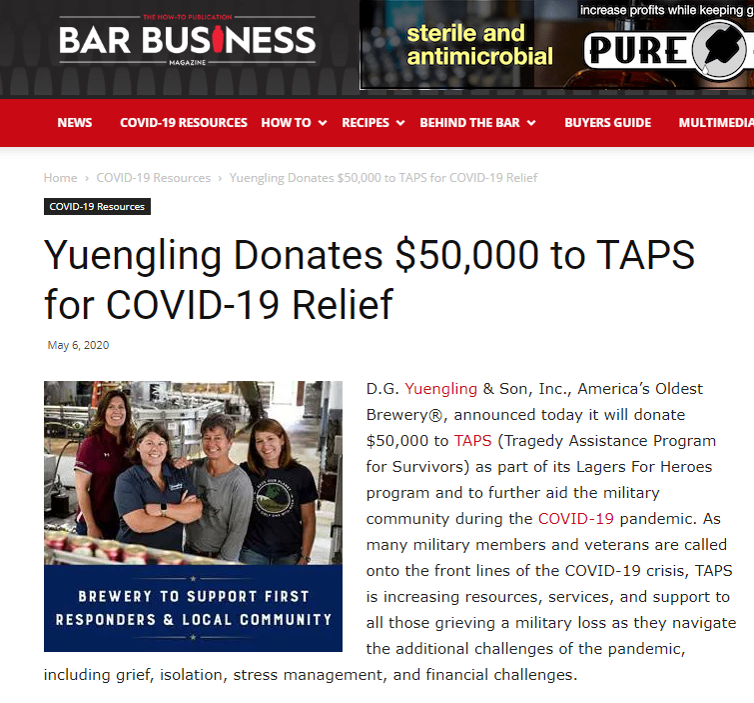 Yuengling Donates $50,000 to TAPS for COVID-19 Relief